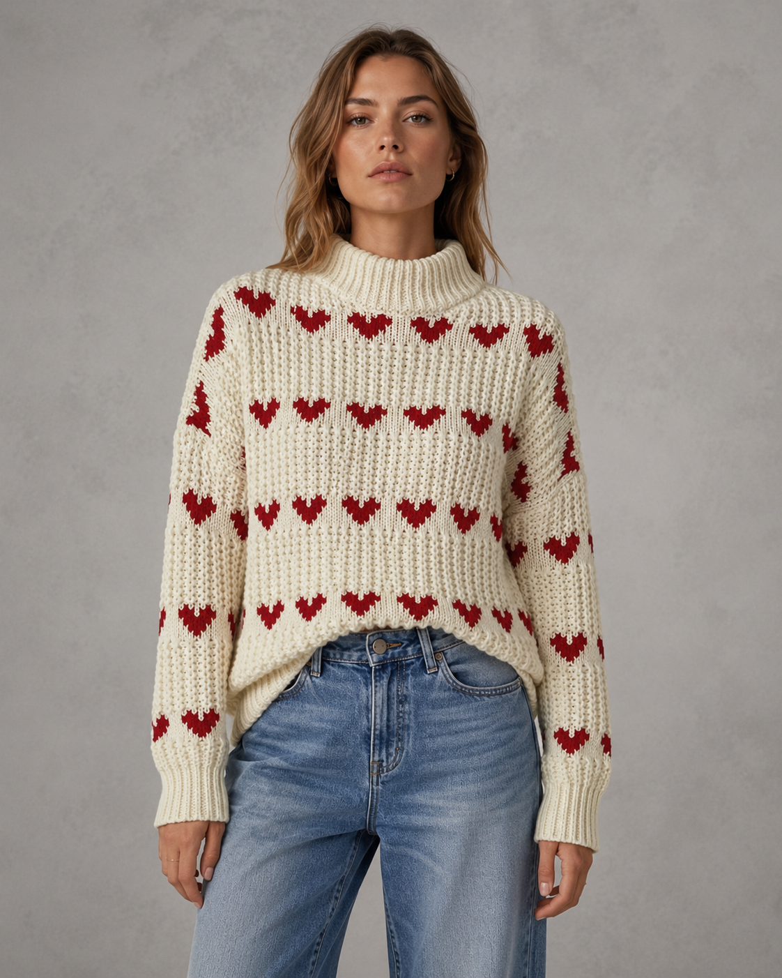 Women's Turtleneck Sweater - Chunky Knit Heart Pattern