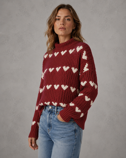 Women's Turtleneck Sweater - Chunky Knit Heart Pattern