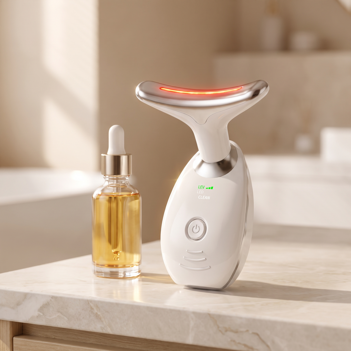 Multi-Color LED Face and Neck Beauty Device, Rechargeable Handheld Light and Vibration Facial Tool