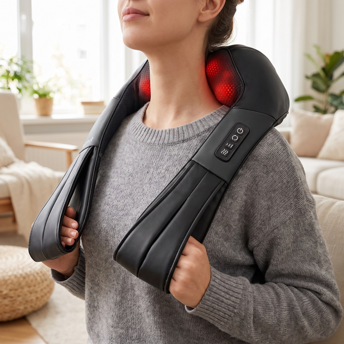Shiatsu Neck and Back Massager with Heat, Deep-Kneading Nodes and Adjustable Straps for Chair, Sofa or Bed