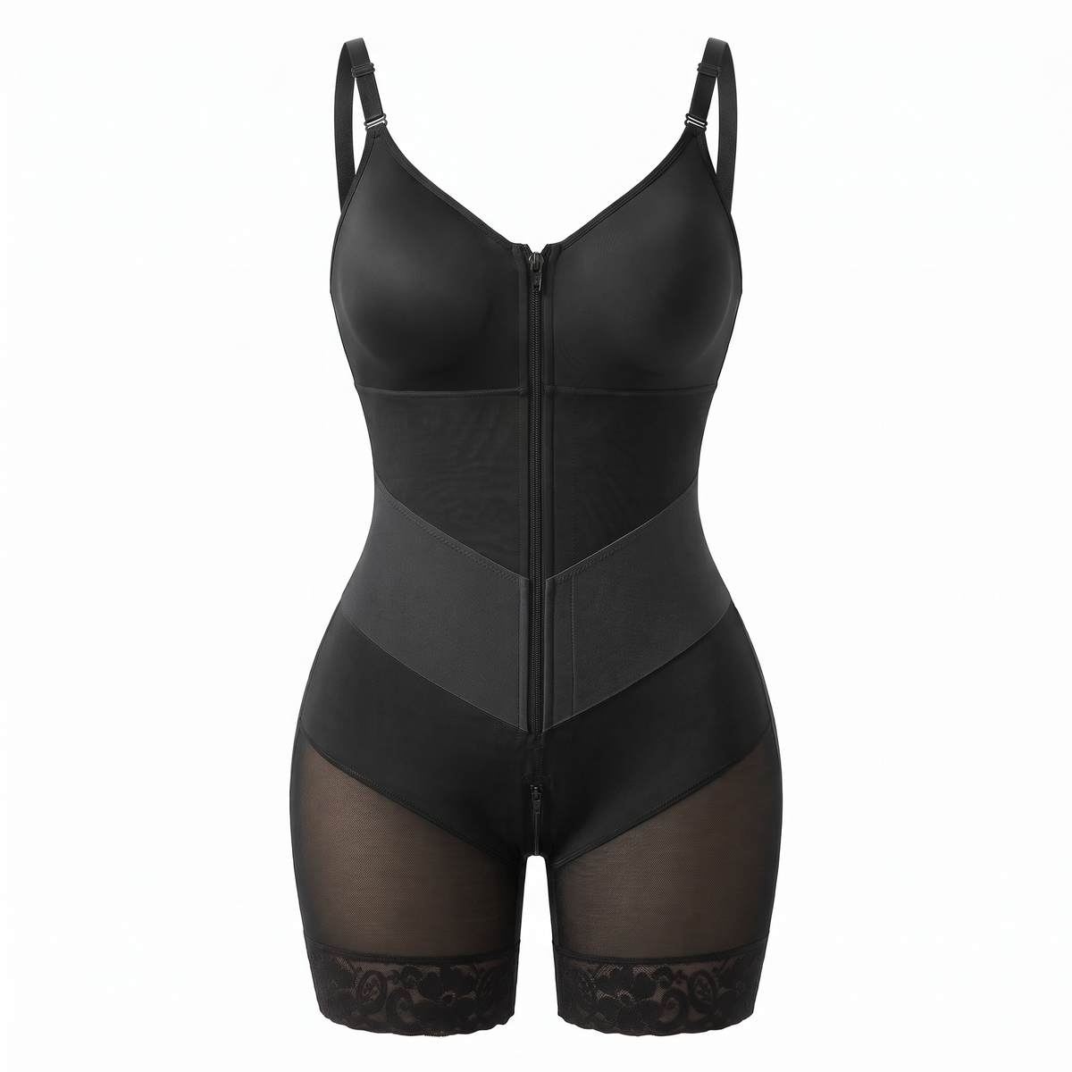 Women's Shapewear Bodysuit, Mid-Thigh Faja with V-Panel Design, Front Zipper, Removable Straps and Zip Gusset