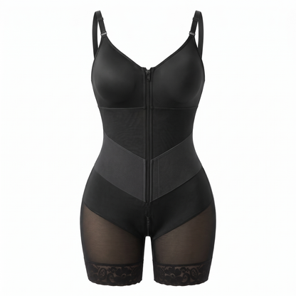 Women's Shapewear Bodysuit, Mid-Thigh Faja with V-Panel Design, Front Zipper, Removable Straps and Zip Gusset