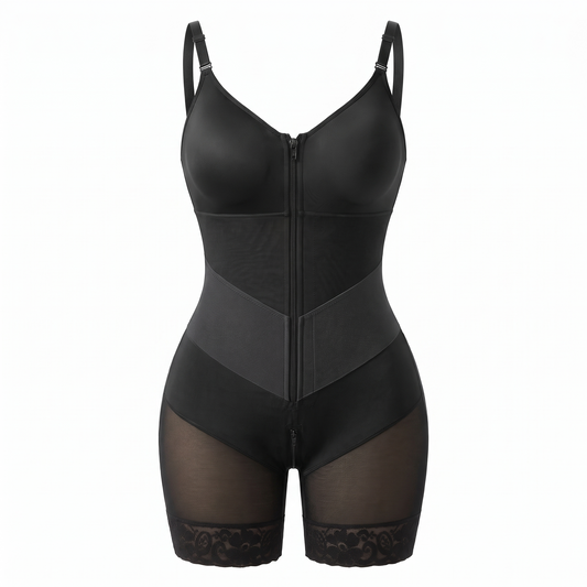 Women's Shapewear Bodysuit, Mid-Thigh Faja with V-Panel Design, Front Zipper, Removable Straps and Zip Gusset