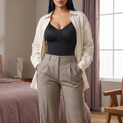 Women's Shapewear Bodysuit, Mid-Thigh Faja with V-Panel Design, Front Zipper, Removable Straps and Zip Gusset