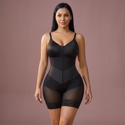Women's Shapewear Bodysuit, Mid-Thigh Faja with V-Panel Design, Front Zipper, Removable Straps and Zip Gusset