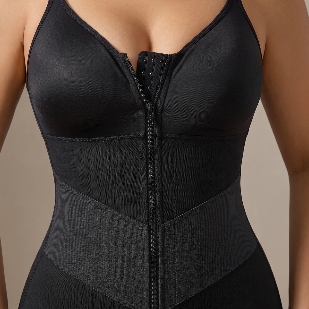 Women's Shapewear Bodysuit, Mid-Thigh Faja with V-Panel Design, Front Zipper, Removable Straps and Zip Gusset