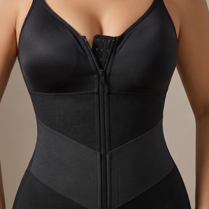 Women's Shapewear Bodysuit, Mid-Thigh Faja with V-Panel Design, Front Zipper, Removable Straps and Zip Gusset