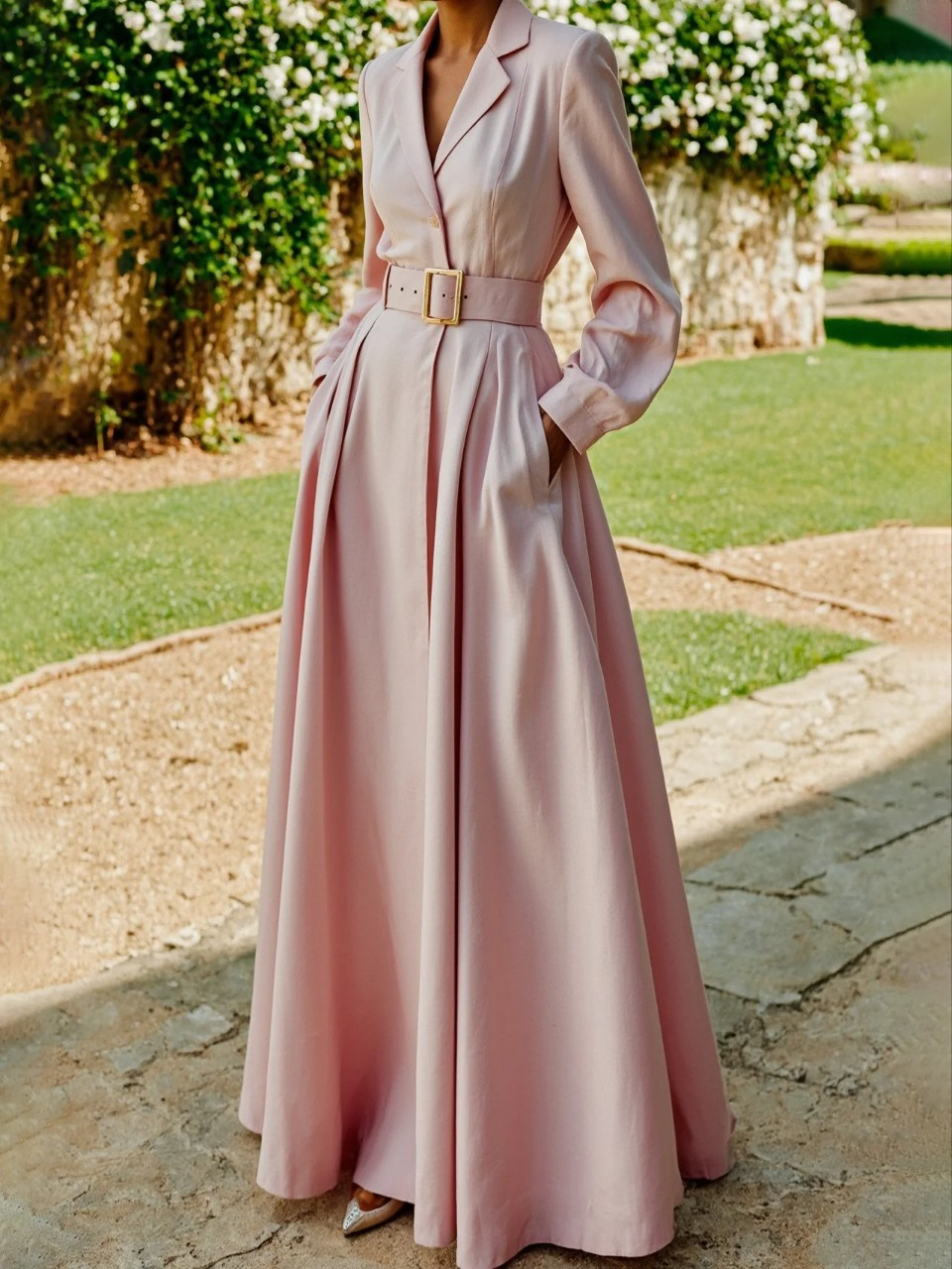 Alena | Sophisticated Belted Flowy Long Evening Dress