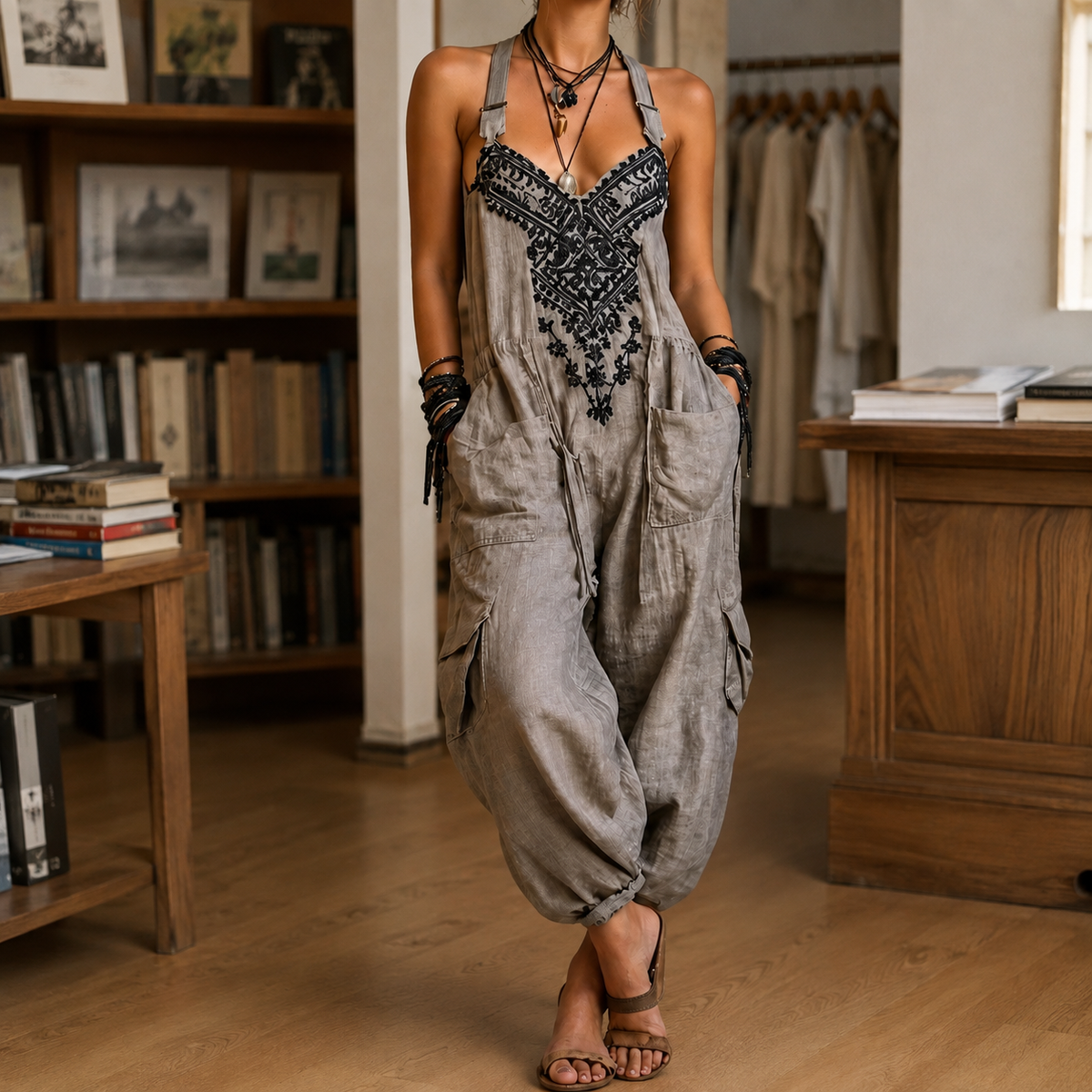 Women's V Neck Wide Leg Jumpsuit - Sleeveless Casual Romper