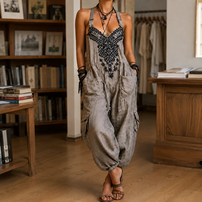 Women's V Neck Wide Leg Jumpsuit - Sleeveless Casual Romper