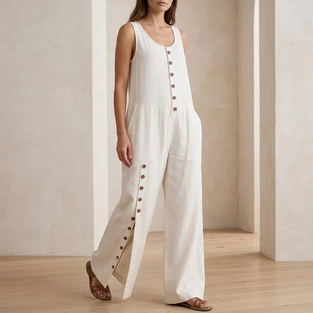 Women's Button Front Wide Leg Jumpsuit - Casual Long Sleeve Romper