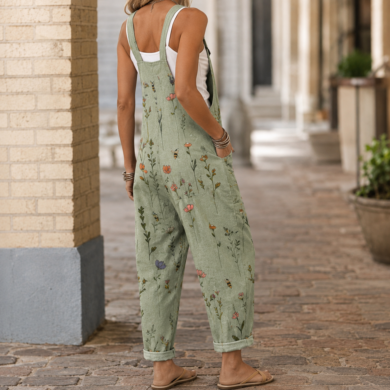 Women's Floral Print Wide Leg Jumpsuit - V Neck Summer Romper