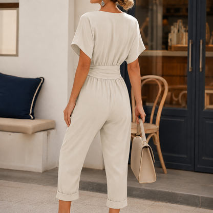 Women's Wrap Front Wide Leg Jumpsuit - V Neck Tie Waist Romper