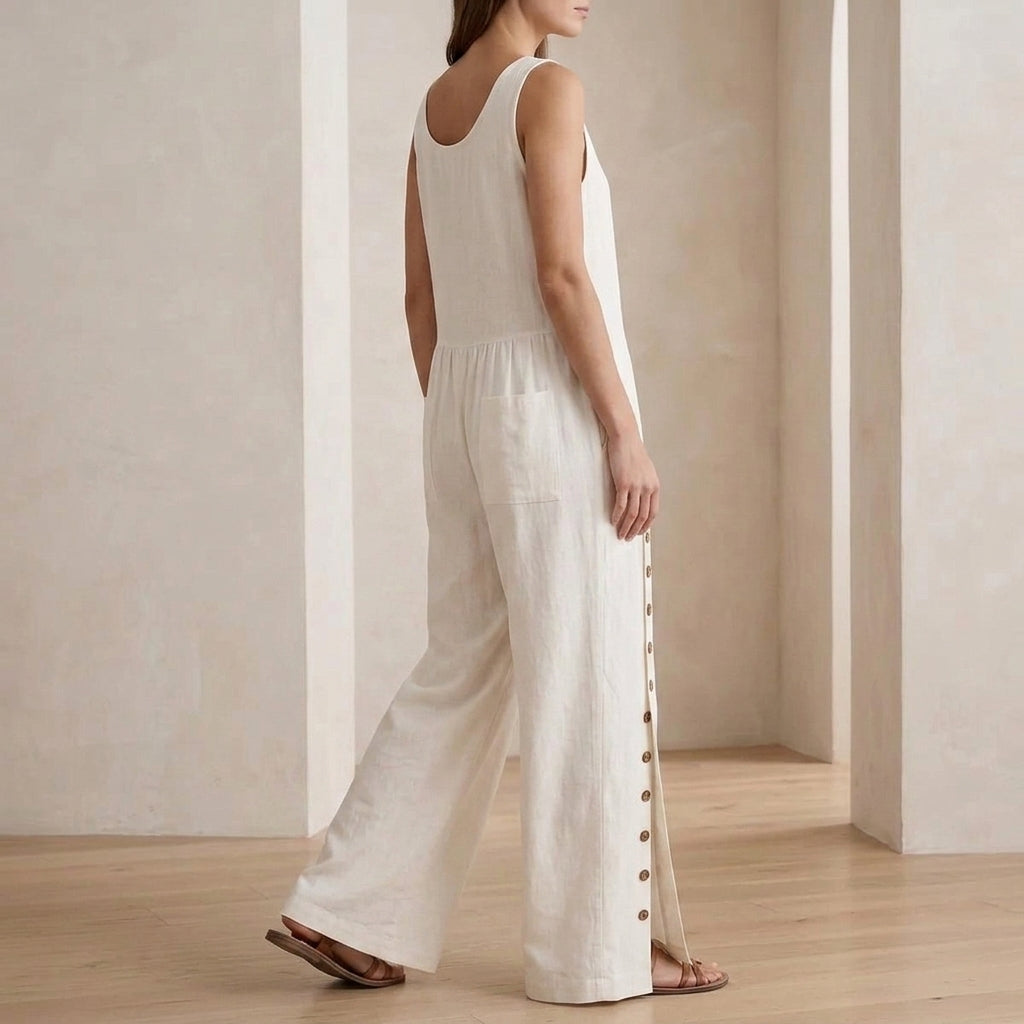 Women's Button Front Wide Leg Jumpsuit - Casual Long Sleeve Romper