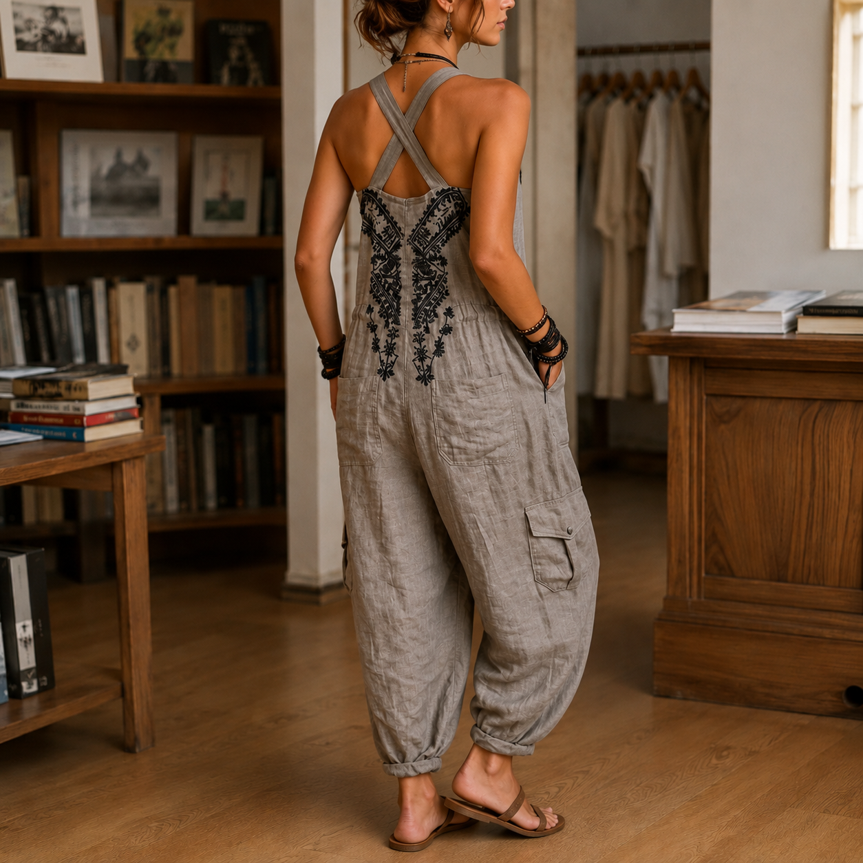 Women's V Neck Wide Leg Jumpsuit - Sleeveless Casual Romper