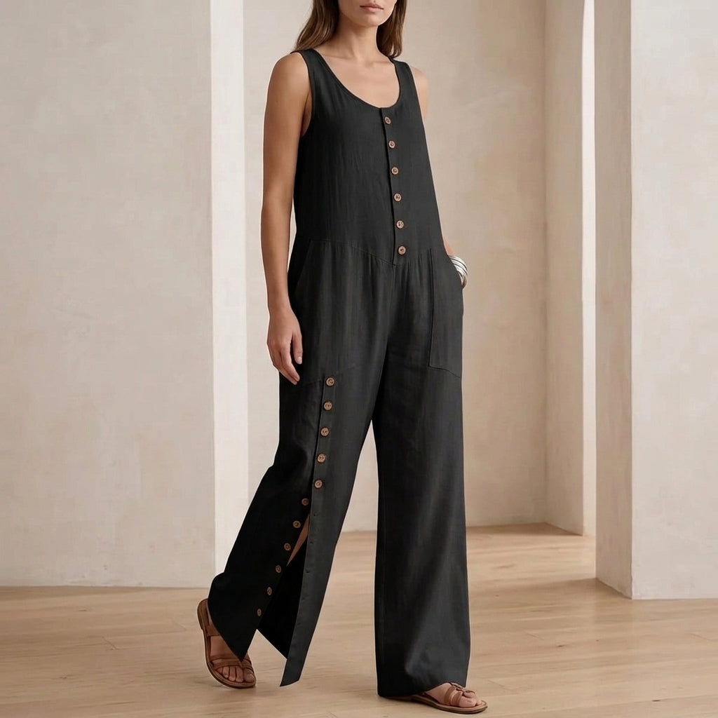 Women's Button Front Wide Leg Jumpsuit - Casual Long Sleeve Romper