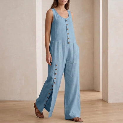 Women's Button Front Wide Leg Jumpsuit - Casual Long Sleeve Romper