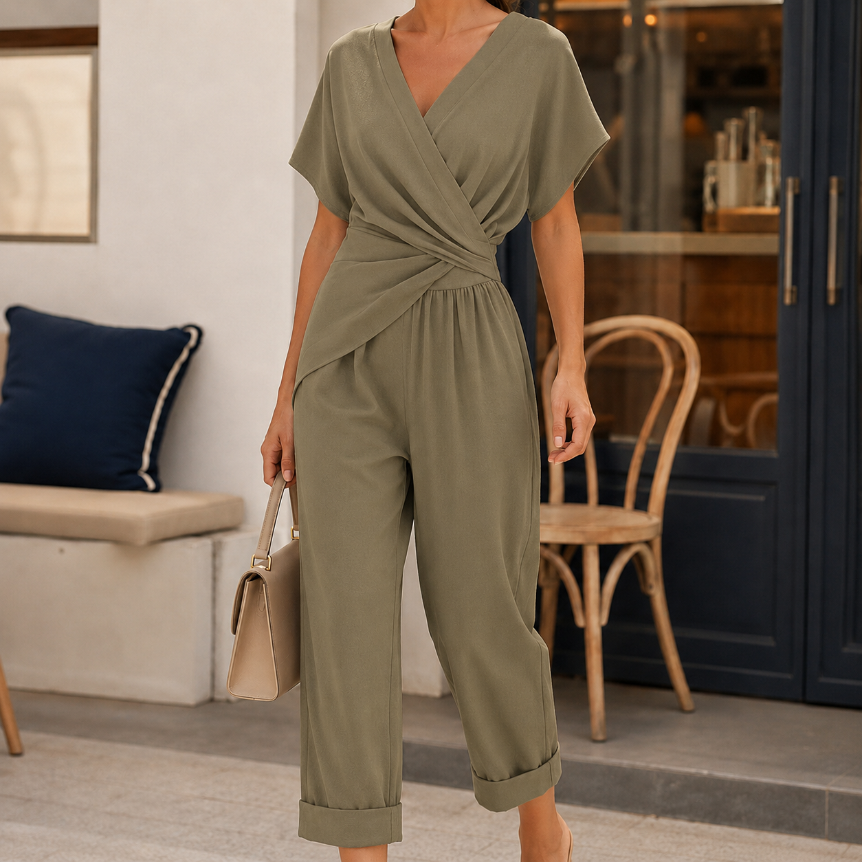 Women's Wrap Front Wide Leg Jumpsuit - V Neck Tie Waist Romper
