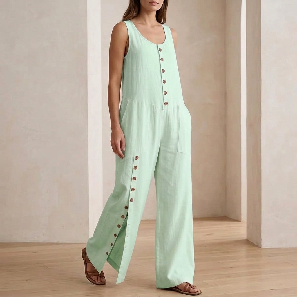 Women's Button Front Wide Leg Jumpsuit - Casual Long Sleeve Romper