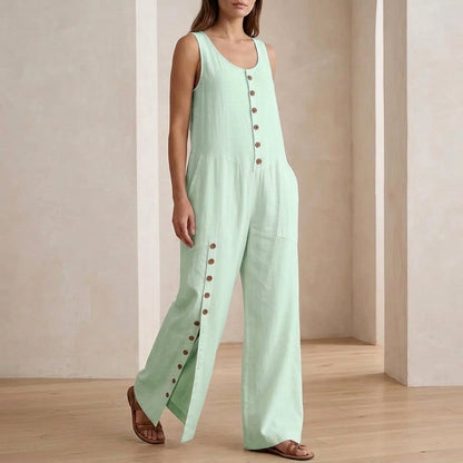 Women's Button Front Wide Leg Jumpsuit - Casual Long Sleeve Romper