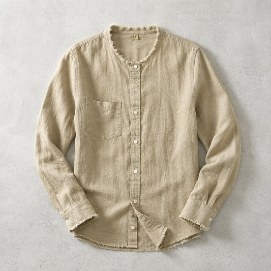 Men's Collarless Shirt - Casual Button Down Long Sleeve