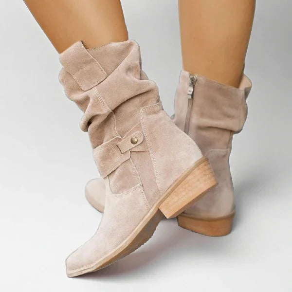 Women's Square-Toe Ankle Boots Buckle Strap Side-Zip