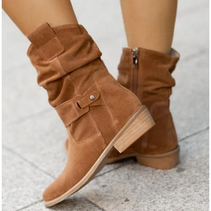 Women's Square-Toe Ankle Boots Buckle Strap Side-Zip