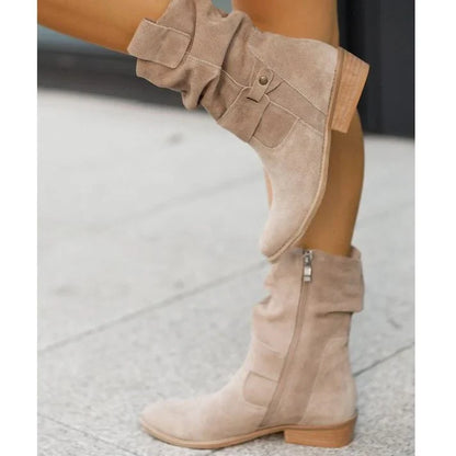 Women's Square-Toe Ankle Boots Buckle Strap Side-Zip