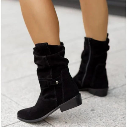 Women's Square-Toe Ankle Boots Buckle Strap Side-Zip