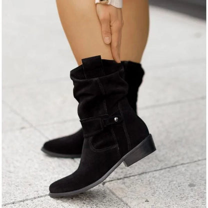 Women's Square-Toe Ankle Boots Buckle Strap Side-Zip