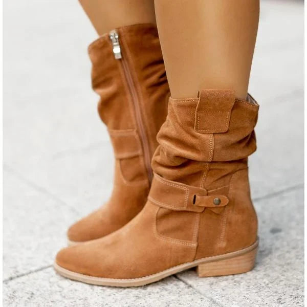 Women's Square-Toe Ankle Boots Buckle Strap Side-Zip