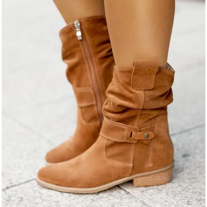 Women's Square-Toe Ankle Boots Buckle Strap Side-Zip