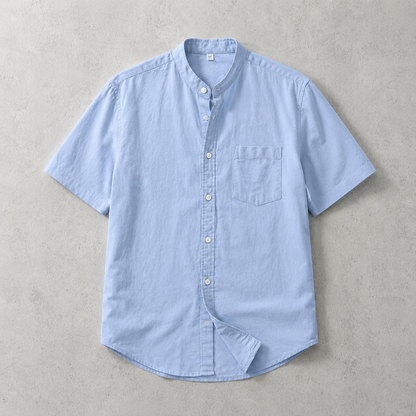 Men's Band Collar Shirt - Short Sleeve Casual Button Down