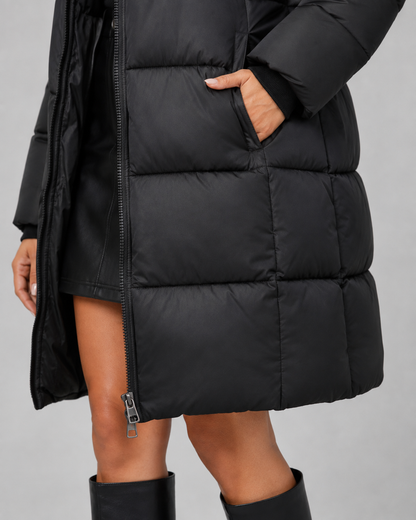 Women's Puffer Coat - Long Hooded Quilted Knee Length