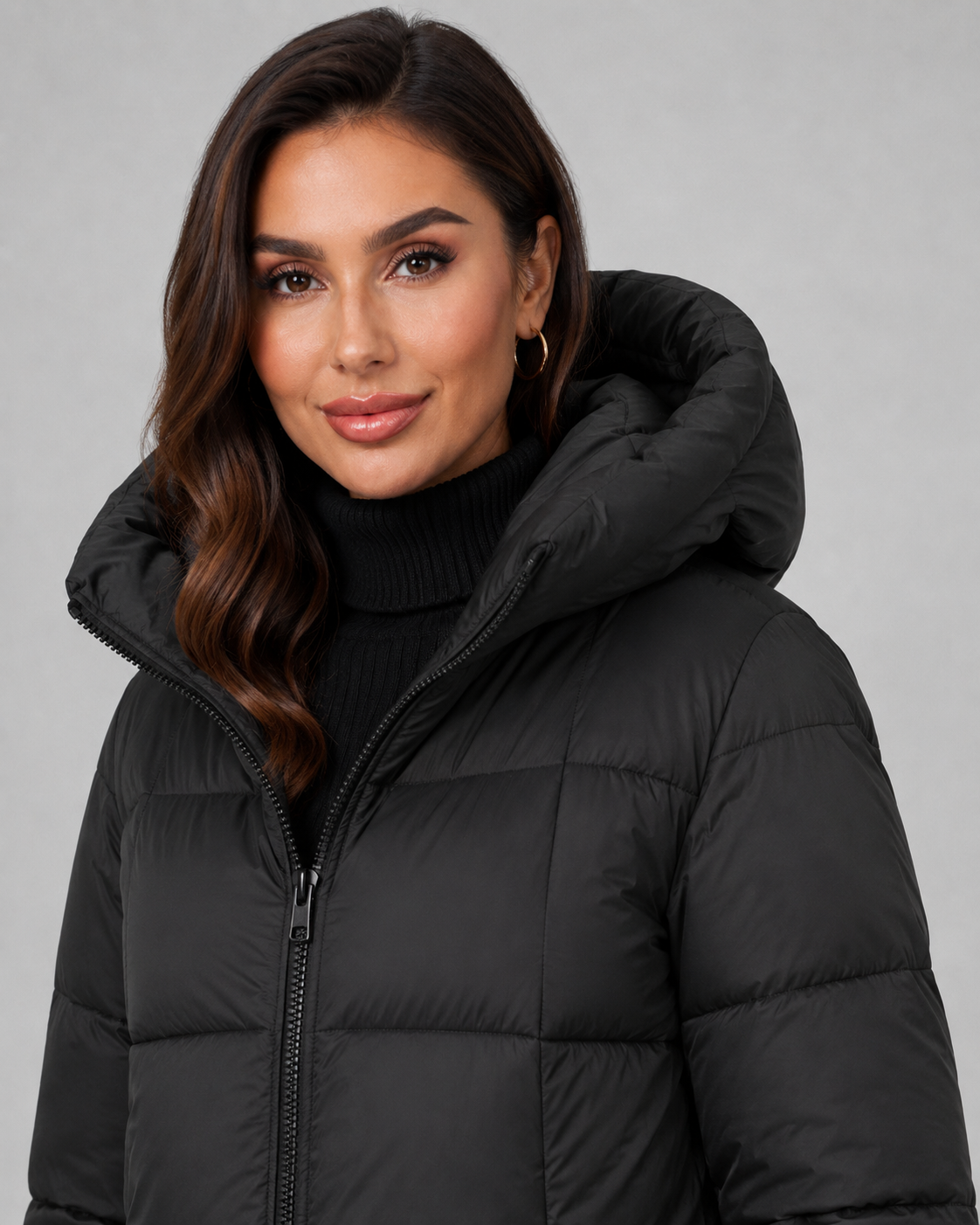 Women's Puffer Coat - Long Hooded Quilted Knee Length