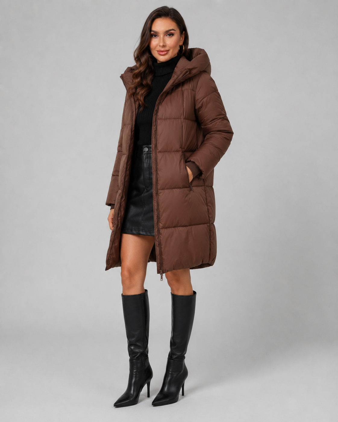 Women's Puffer Coat - Long Hooded Quilted Knee Length