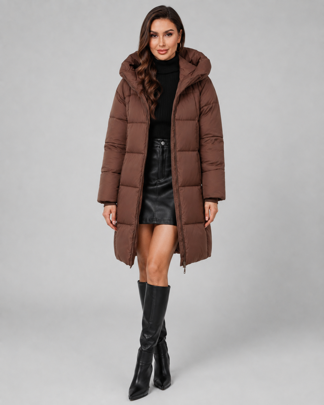 Women's Puffer Coat - Long Hooded Quilted Knee Length