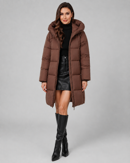 Women's Puffer Coat - Long Hooded Quilted Knee Length