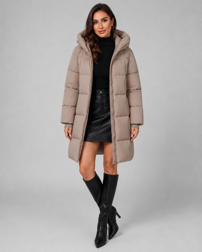 Women's Puffer Coat - Long Hooded Quilted Knee Length