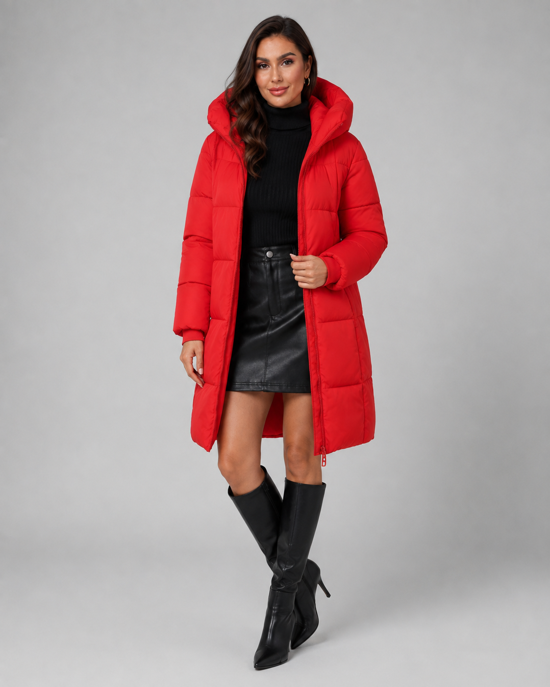 Women's Puffer Coat - Long Hooded Quilted Knee Length