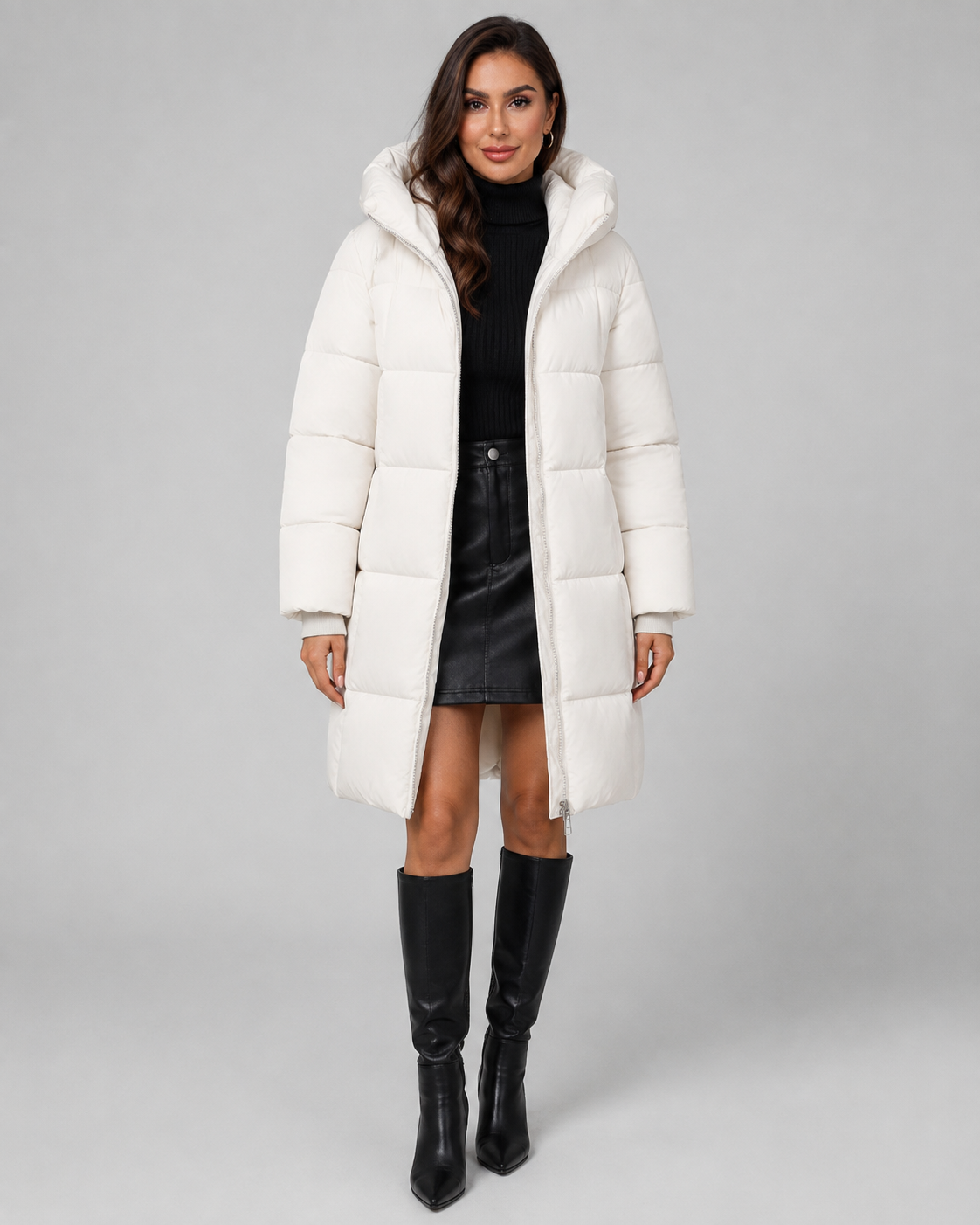Women's Puffer Coat - Long Hooded Quilted Knee Length