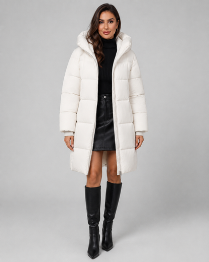Women's Puffer Coat - Long Hooded Quilted Knee Length