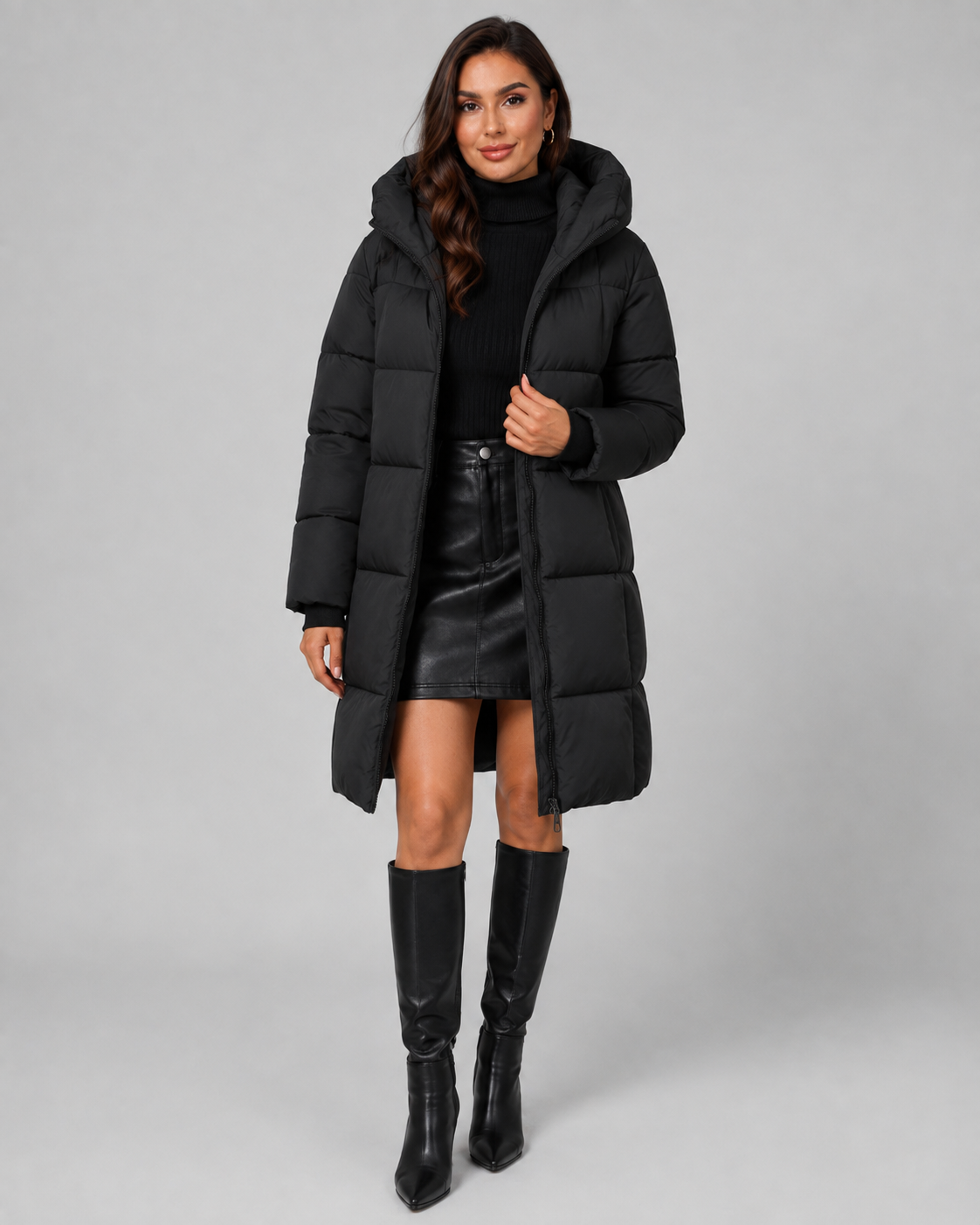 Women's Puffer Coat - Long Hooded Quilted Knee Length