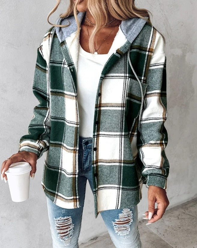 Women's Plaid Flannel Shacket - Hooded Shirt Jacket