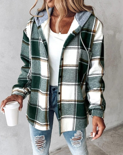 Women's Plaid Flannel Shacket - Hooded Shirt Jacket