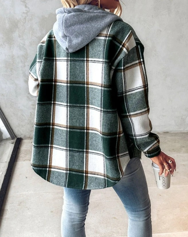 Women's Plaid Flannel Shacket - Hooded Shirt Jacket