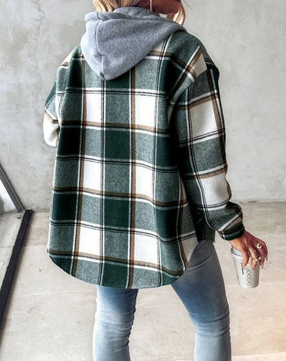 Women's Plaid Flannel Shacket - Hooded Shirt Jacket