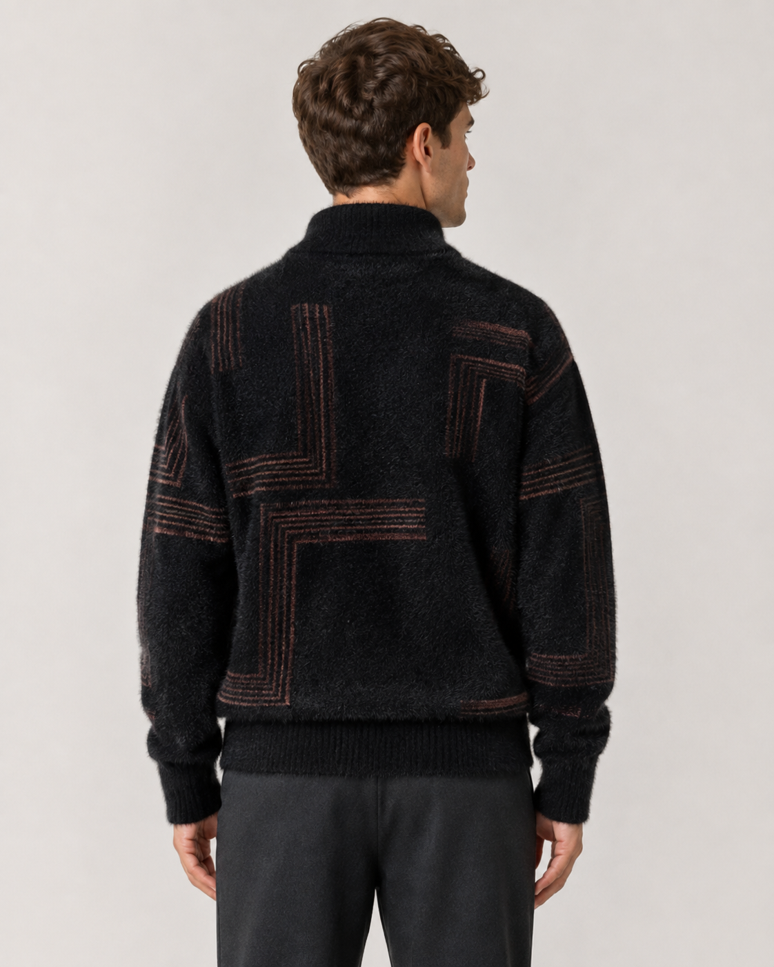 Men's Fluffy Knit Sweater - Geometric Funnel Neck Pullover