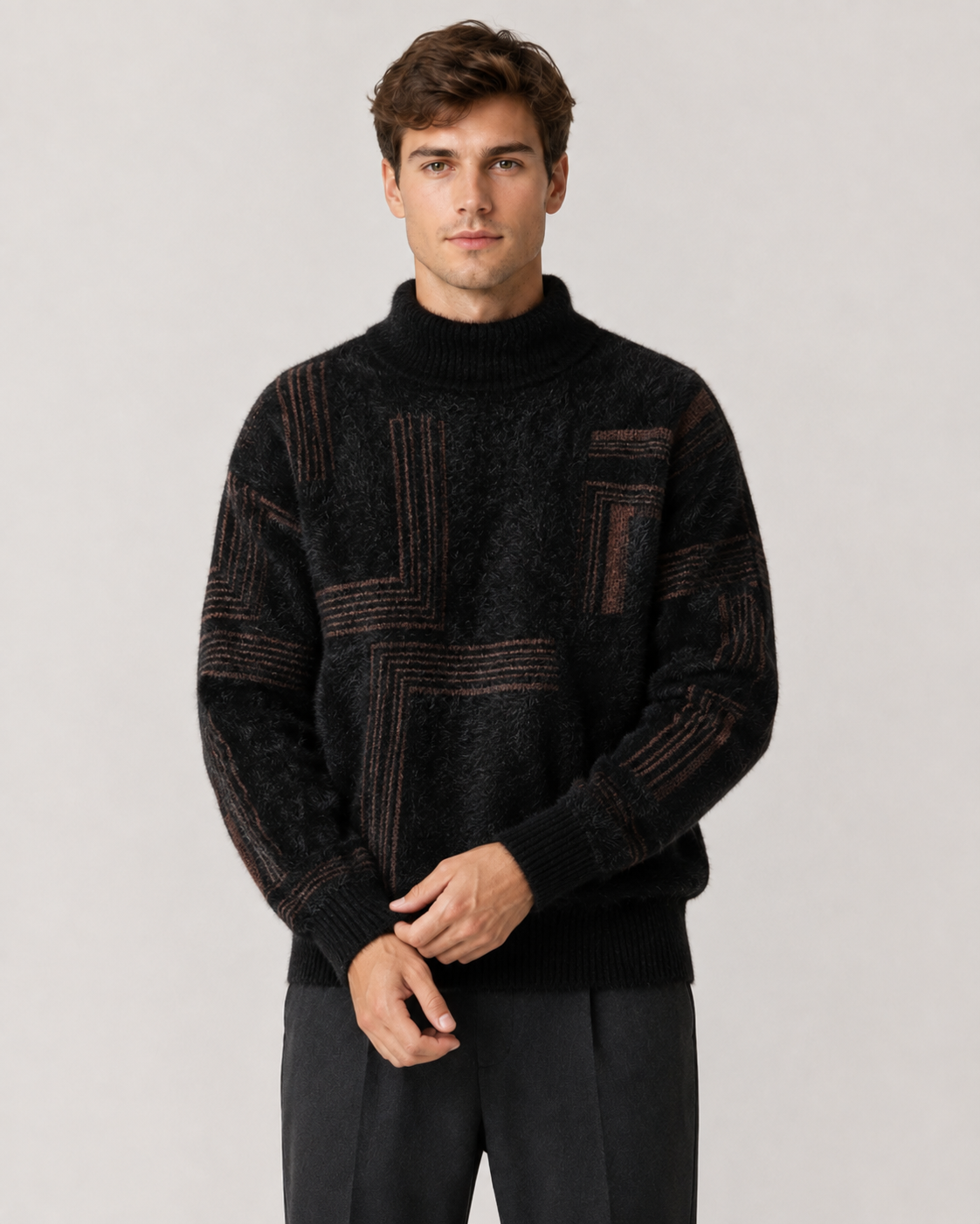 Men's Fluffy Knit Sweater - Geometric Funnel Neck Pullover