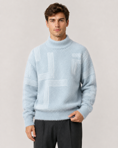 Men's Fluffy Knit Sweater - Geometric Funnel Neck Pullover